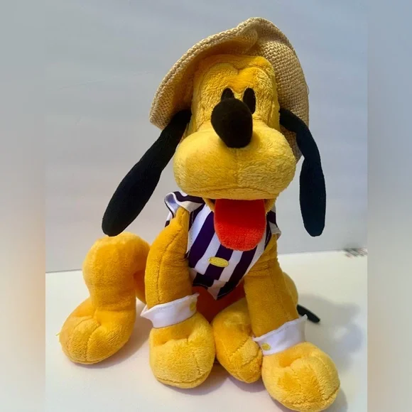 Disney Parks Pluto Plush w/ Straw Hat & Purple Striped Vest Stuffed Animal - Picture 1 of 7